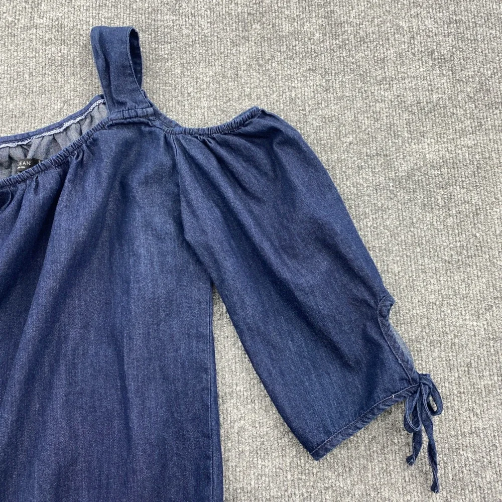 Max Jeans Denim Dress Womens Medium Blue Cold Shoulder Tie Sleeve Boho Casual - Picture 7 of 10